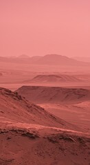 Fototapeta premium Wide panoramic vista of vast, ancient Martian canyons carved by wind and past water flows, under a dusty pink sky, rust, weathered, sedimentary