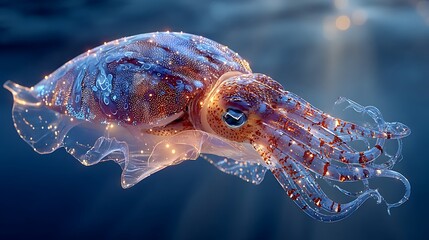 Bioluminescent squid floating in deep ocean pictures