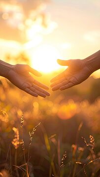 Two hands reaching to connect in a glowing field during a warm sunset