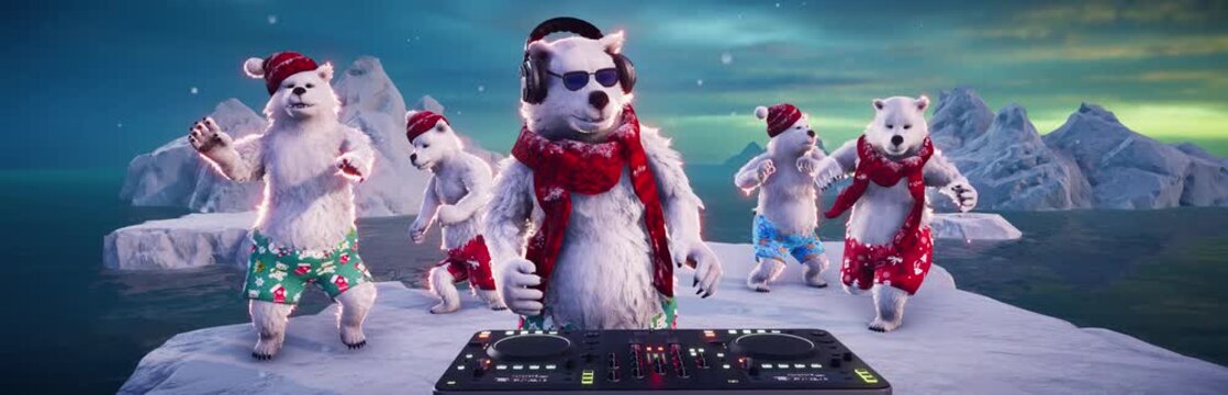 Christmas Party: Funny polar bears dance on an ice floe among icebergs at the North Pole. Animated 3D video for holiday events, greeting cards, and winter-themed content.