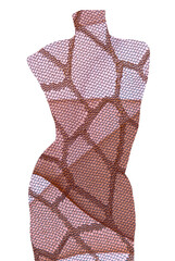 Body form of sculpted wicker mannequin shows curves & mid section of female woman     embellished with fabric, design, bubbles or  butterfly. Body is in movement.