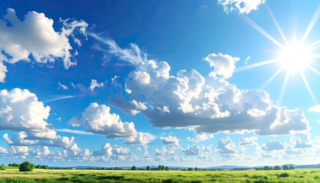 Bright sun in a blue sky with puffy clouds over a lush, green landscape - Powered by Adobe