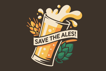 Playful Beer-Themed Illustration Featuring a Beer Glass Splash with Hops and Barley