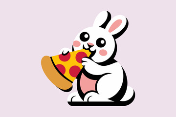 Cute Cartoon Bunny Joyfully Enjoying a Slice of Pepperoni Pizza in Playful Colors