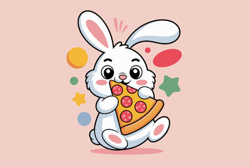 Cute Cartoon Bunny Enjoying a Slice of Pepperoni Pizza in Playful Pastel Colors