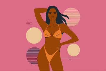Vibrant Summer Vibes: Confident Woman in Stylish Bikini Posing Against Playful Pink Background with Geometric Sun Elements