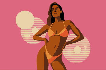 Vibrant Summer Vibes: Confident Woman in Stylish Bikini Posing Against Playful Pink Background with Geometric Sun Elements