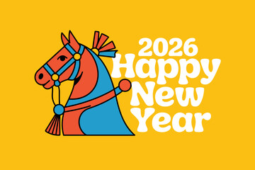 Festive 2026 New Year Celebration with Colorful Horse Illustration on Bright Yellow Background © VGX Ultra