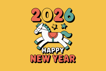Playful New Year Celebration Graphic Featuring a Galloping Toy Horse with Bright Colors and Cheerful Typography