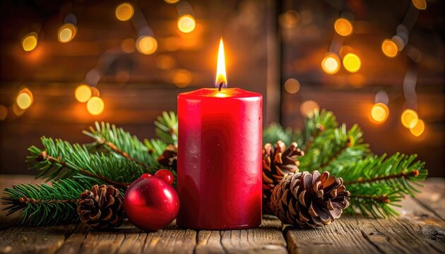 A lit red candle on wood with pine, cones, and festive bokeh background lights