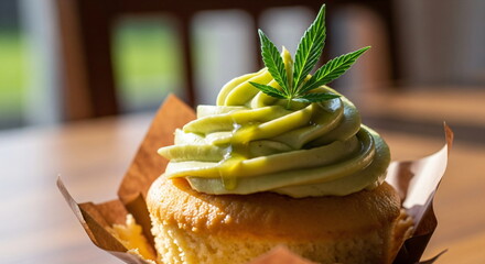 Cupcake with green frosting and dripping glaze and hemp leaf decoration, sweet dessert food for cannabis culture related event