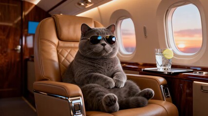 Sophisticated cat soaking in sunset from luxurious jet interior