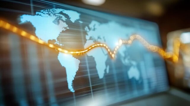 World map with data and chart : A laptop screen glows with the digital presence of a global map and a dynamic chart, illustrating the ebb and flow of data