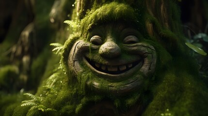 Obraz premium close up of a handcrafted whimsical face carved into a log or stone with lively expression and intricate detailing portrait of a young man