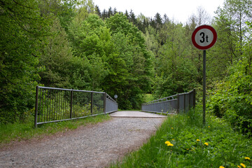 A massive bridge stretches across a river with forested hills and mountains in the background. Scenic natural landscape, calm water, and tranquil outdoor environment.