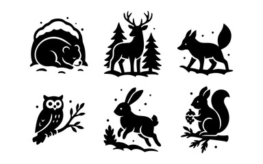 Winter forest animals silhouettes icon, woodland wildlife