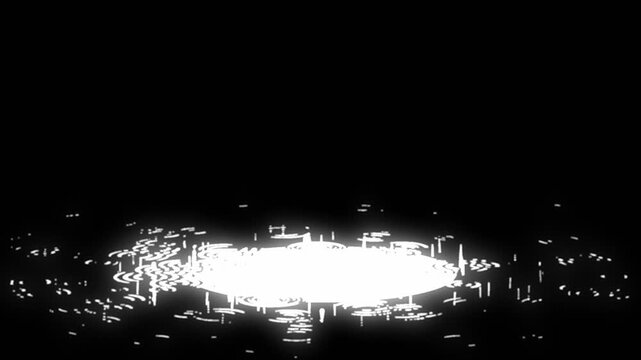 Closeup of rain drops falling on puddle with white neon glowing lights reflection on black background, Rain drop theme for street lights at night, Weather or environment, lofi music