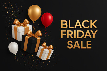 Black friday sale background with gift boxes, balloons and golden confetti on black backdrop