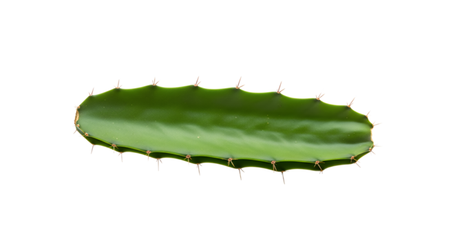 Vibrant green segment of a succulent plant, featuring its distinct spiky edges and smooth surface, perfectly isolated on a crisp white background for versatile botanical or design applications