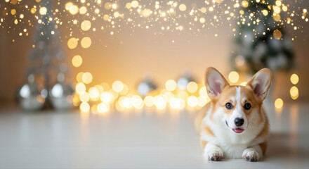Corgi dog laying on the floor with festive lights in the background