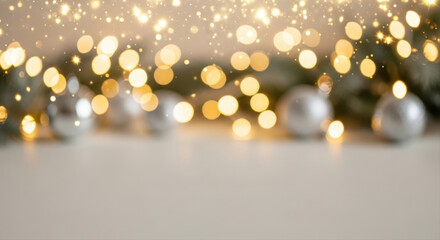Christmas decorations with silver baubles and warm fairy lights on table  