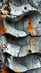 Abstract closeup of layered gray rock with orange rust, cracks, and texture