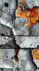 Abstract close-up of cracked grey stone with vibrant orange rust-like splotches