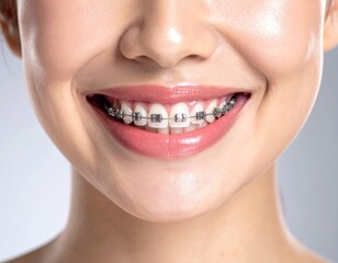 Naklejka premium A woman's radiant smile showcasing orthodontic metal braces on straight teeth