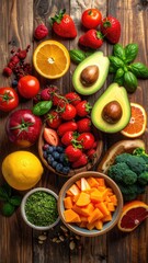 Colorful assortment of fresh fruits and vegetables on a rustic wooden table