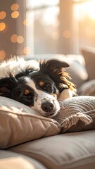 A peaceful dog napping on a cozy sofa, bathed in warm, golden sunlight