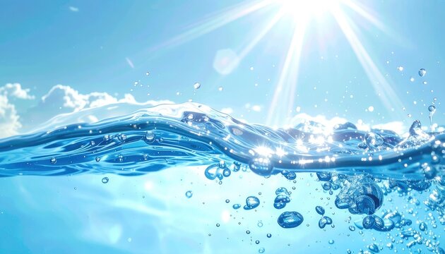 Sunlight beams on clear blue water with ripples and bubbles under a sky