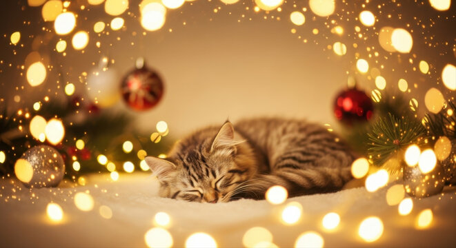 Tabby cat sleeping peacefully among Christmas decorations with lights  