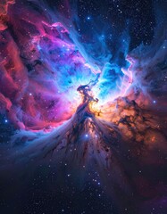 A radiant nebula's stellar nursery glows with vibrant pink, blue, and orange gas