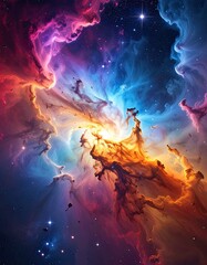 A vibrant cosmic cloud of glowing gas and dust, illuminated by distant stars