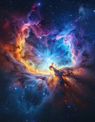 A vibrant cosmic nebula of glowing gas clouds and brilliant stars in deep space