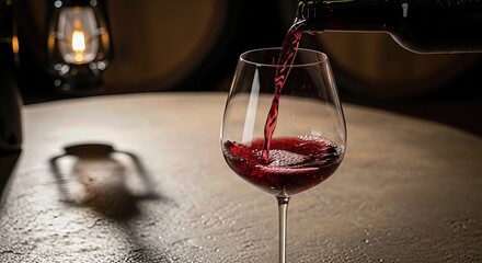 Pouring red wine into a glass with barrel and lantern background