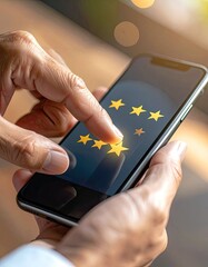 Person gives a five-star rating on a smartphone for excellent customer experience