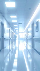Bright, sterile hospital corridor with reflective floors and blue-toned light