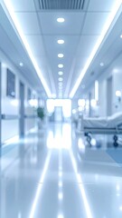 A brightly lit, sterile, and blurred modern medical facility hallway