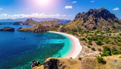 A stunning pink sand beach meets turquoise water below rugged, sunlit mountains
