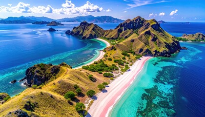 Aerial view of a rugged tropical island with a stunning pink sand beach