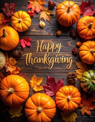 Thanksgiving greeting on wood, framed by pumpkins, colorful leaves, and acorns