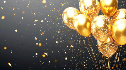 黒背景にゴールドバルーンと紙吹雪の背景素材
