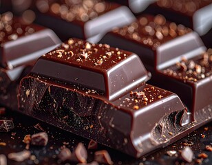 A rich, broken dark chocolate bar sprinkled with cocoa nibs and shavings