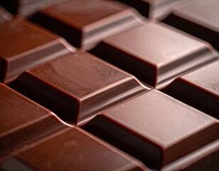 A close-up of a rich, glossy dark chocolate bar with perfectly molded squares