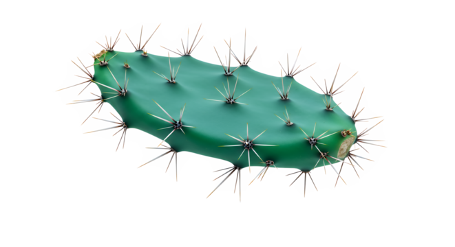 Green prickly pear cactus pad isolated on a pure white background, a succulent plant segment