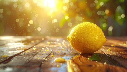 A dewy lemon rests on a wet wooden surface, bathed in bright, golden sunlight