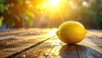 A fresh, wet lemon on a wooden table with bright, golden morning sunlight