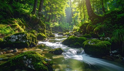 Sunlit forest stream flows over mossy rocks in a vibrant, green wood