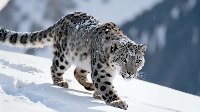 Leopard explores mountainous terrain, Snow feline stalks icy slopes